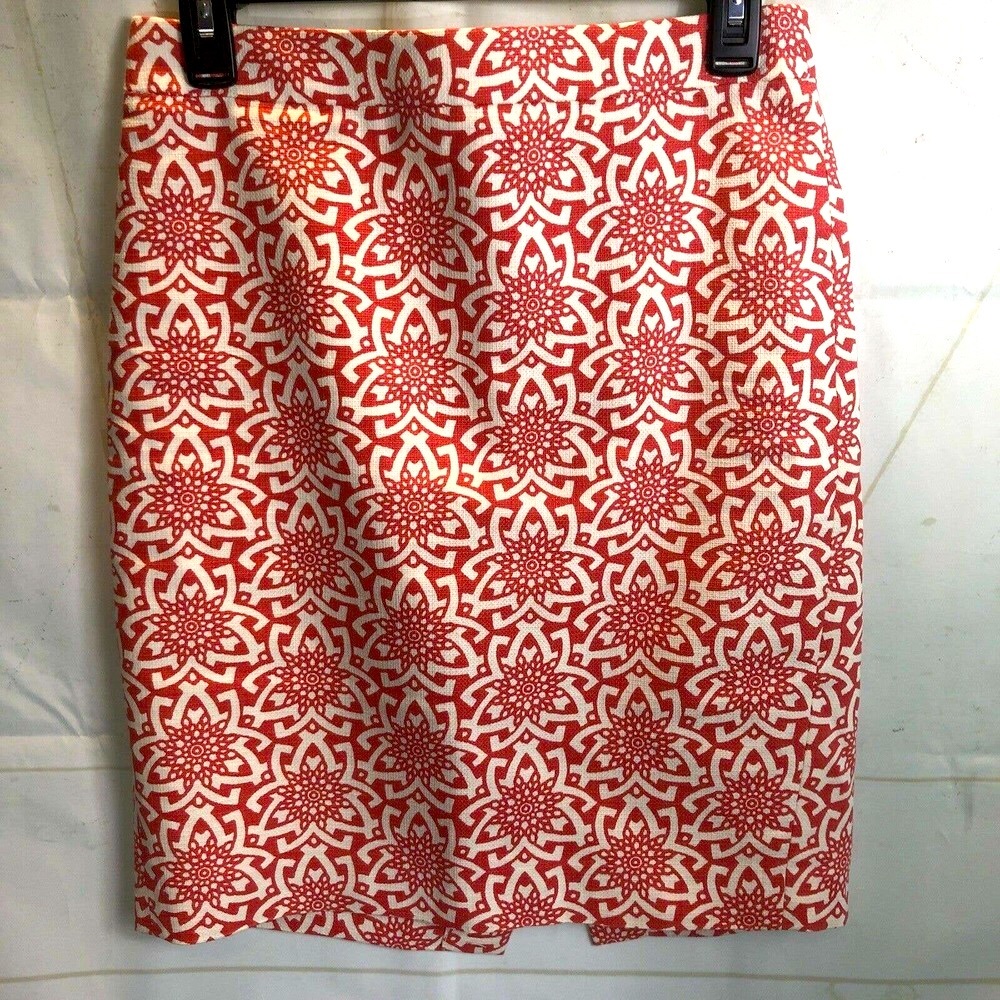 J.Crew Skirt Women’s Size 0 100% Cotton Orange Abstract Floral Lined Pencil EUC